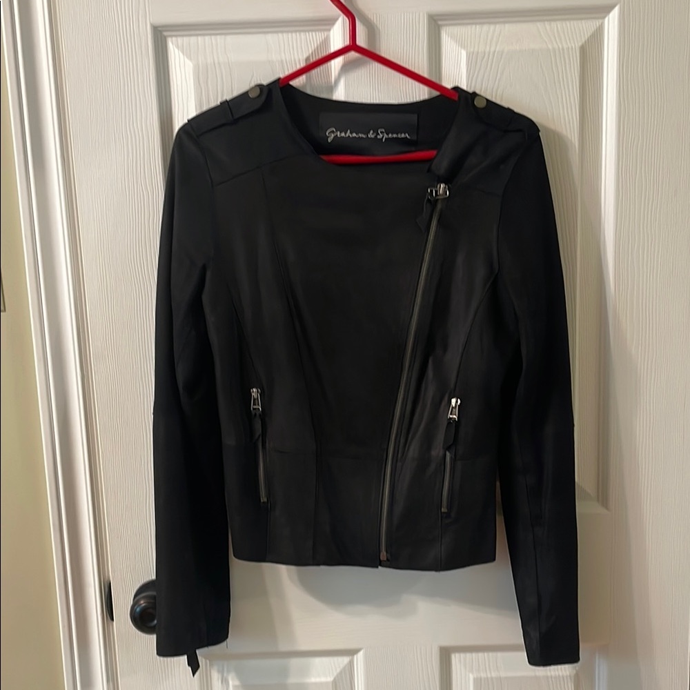 Black Leather Moto Jacket with Asymmetrical Zipper
